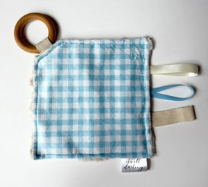 Blue Gingham Crinkle Paper Teething Ring Toy