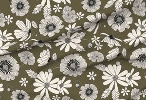 Moss Green Retro Florals